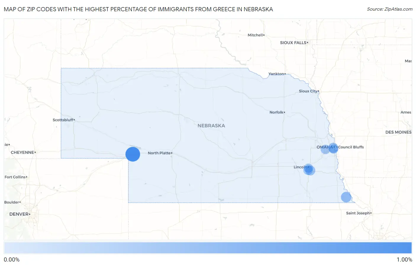 Zip Codes with the Highest Percentage of Immigrants from Greece in Nebraska Map