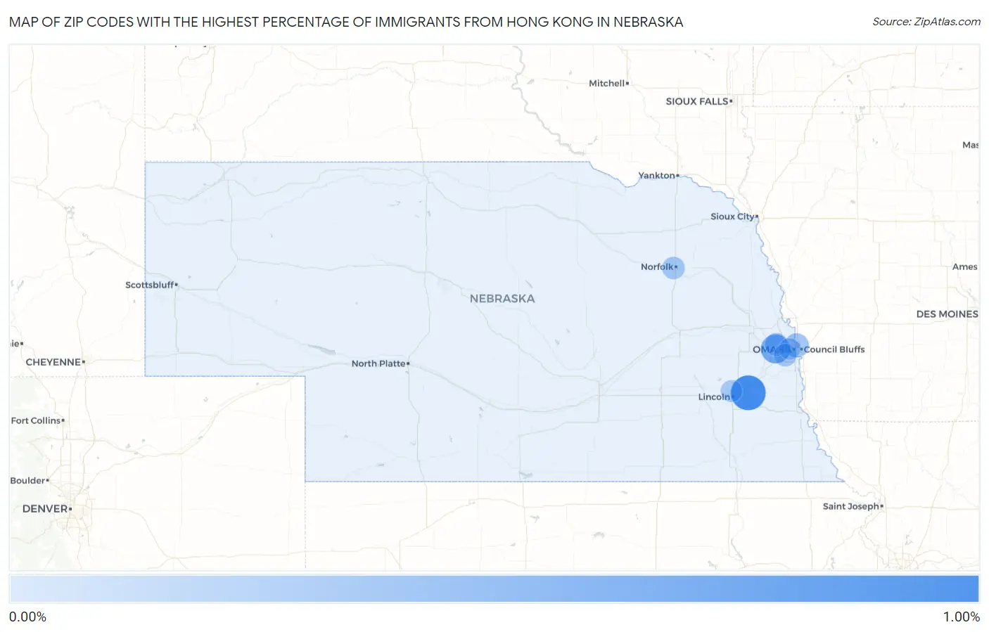 Zip Codes with the Highest Percentage of Immigrants from Hong Kong in Nebraska Map