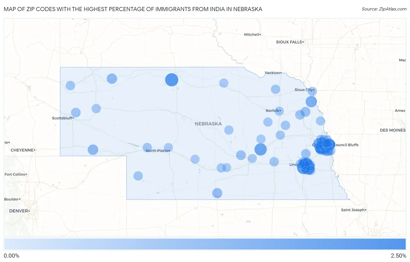 Zip Codes with the Highest Percentage of Immigrants from India in Nebraska Map
