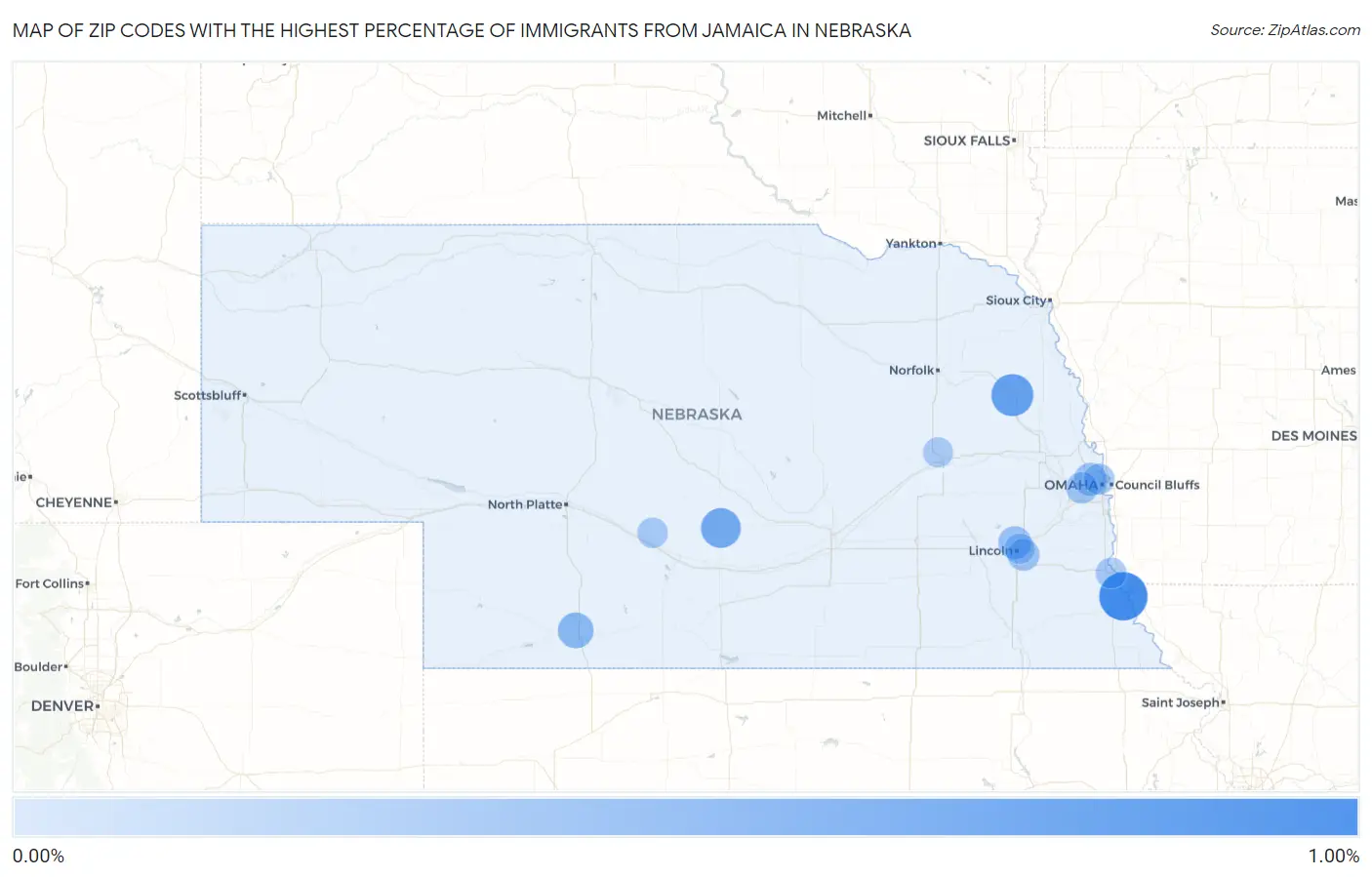 Zip Codes with the Highest Percentage of Immigrants from Jamaica in Nebraska Map