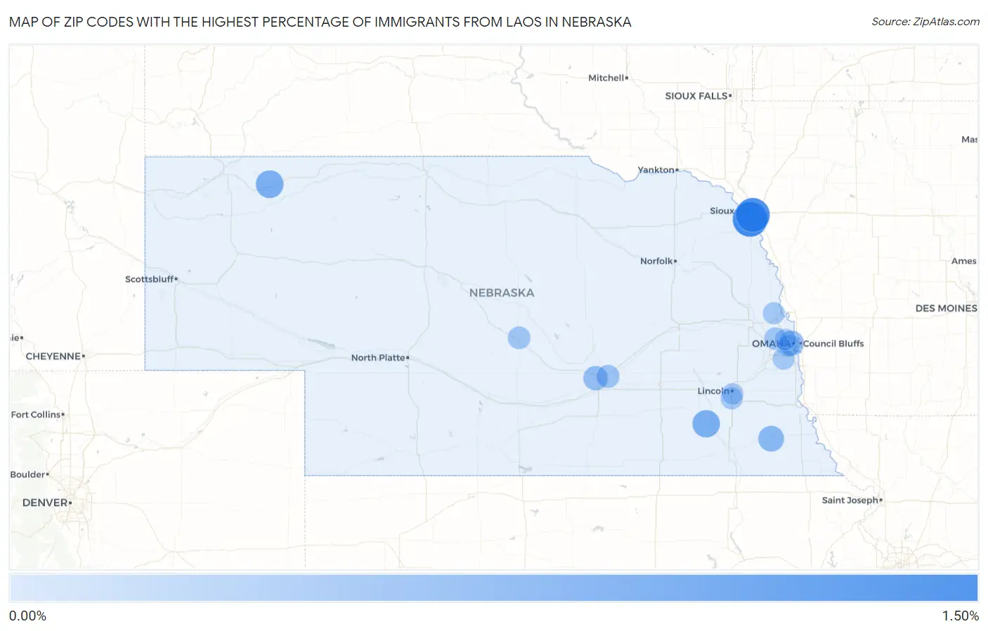 Zip Codes with the Highest Percentage of Immigrants from Laos in Nebraska Map