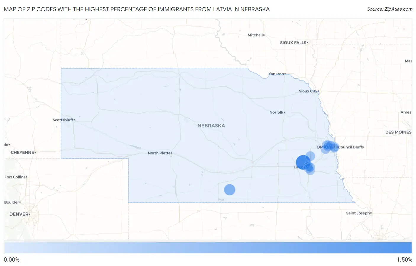 Zip Codes with the Highest Percentage of Immigrants from Latvia in Nebraska Map