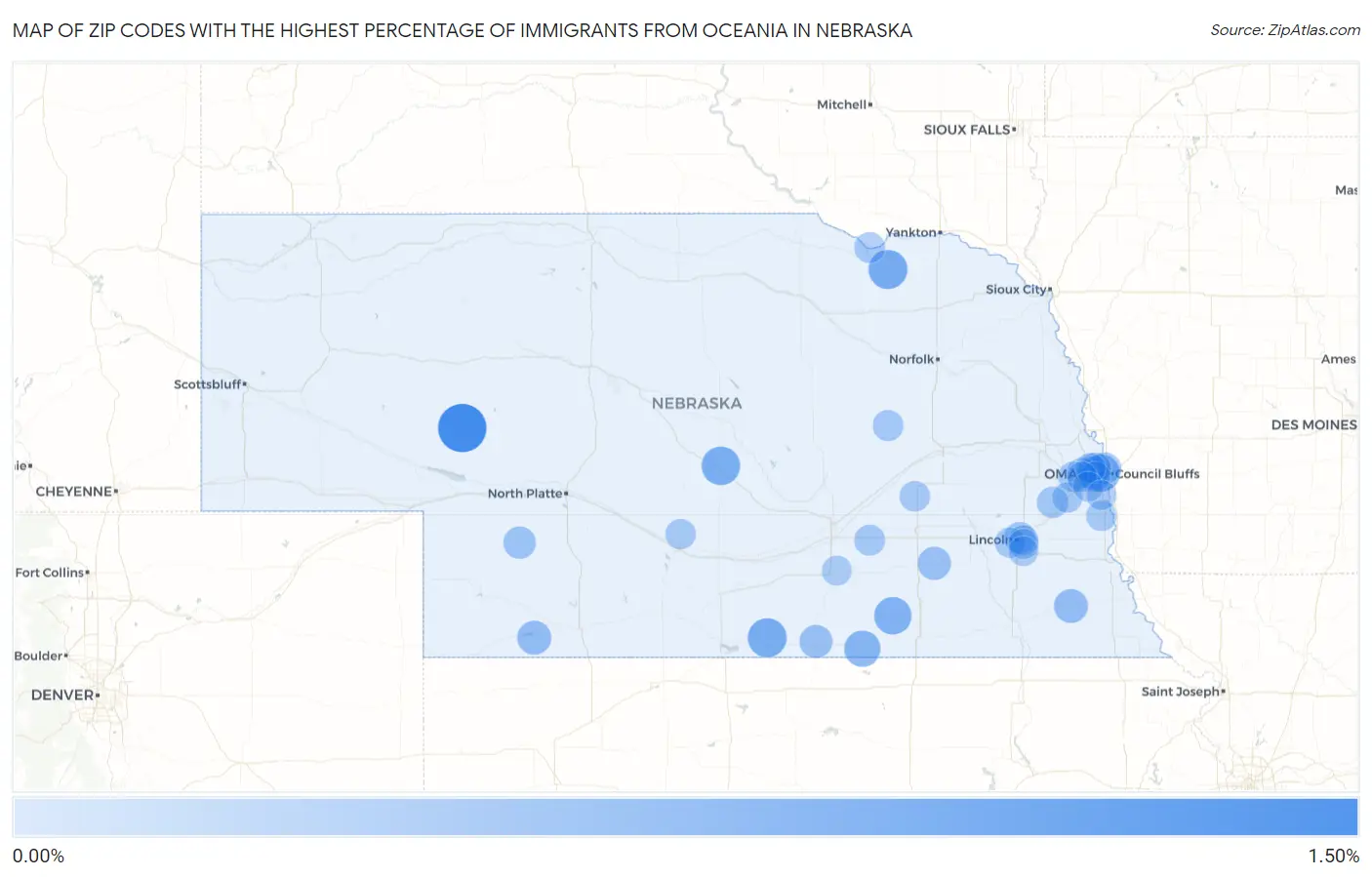 Zip Codes with the Highest Percentage of Immigrants from Oceania in Nebraska Map