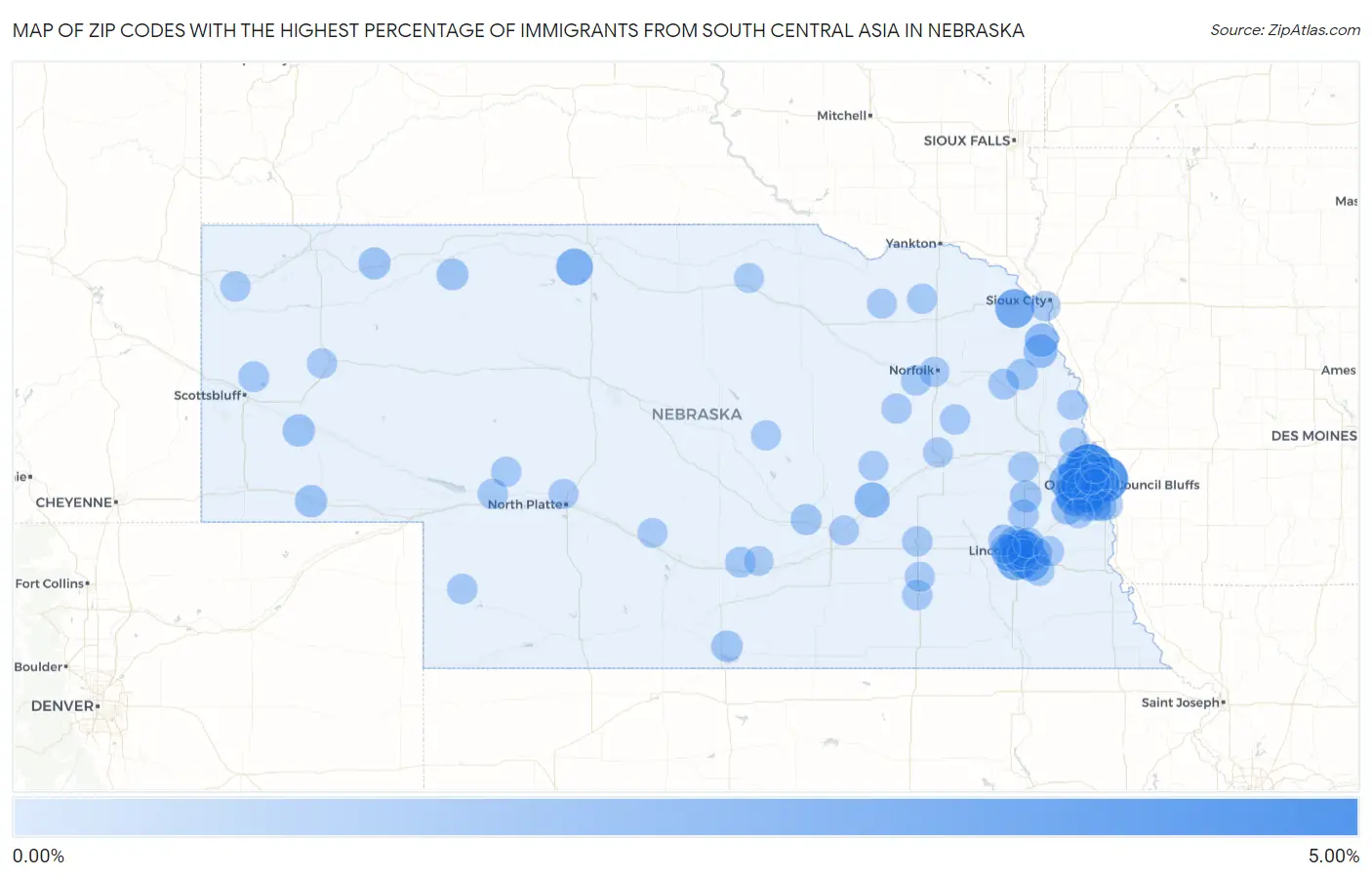 Zip Codes with the Highest Percentage of Immigrants from South Central Asia in Nebraska Map