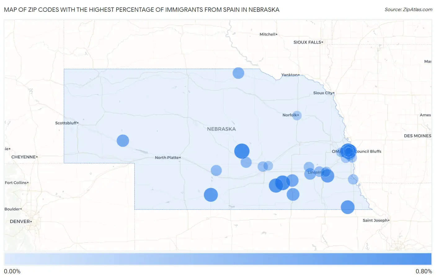 Zip Codes with the Highest Percentage of Immigrants from Spain in Nebraska Map