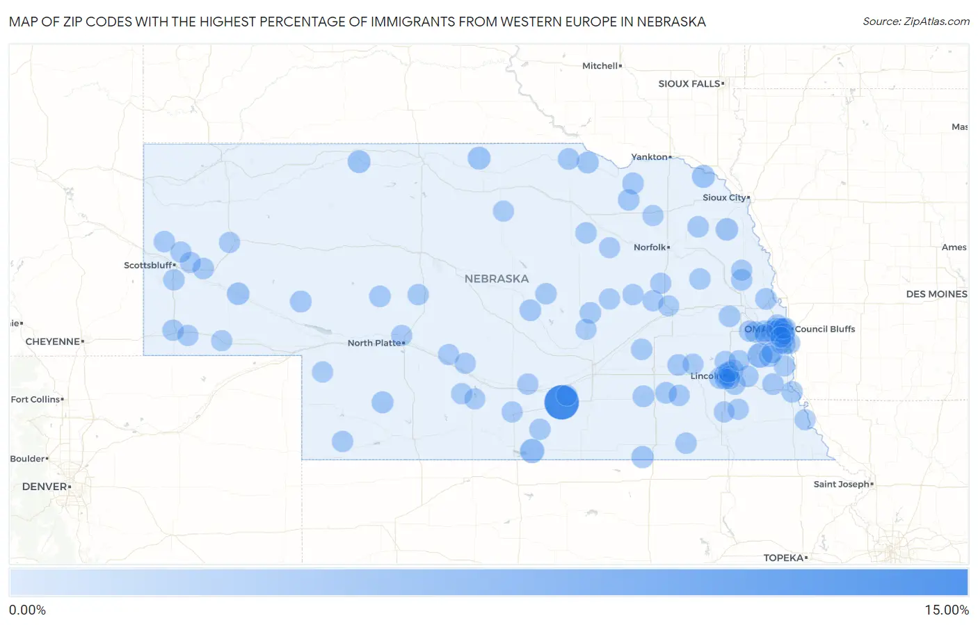 Zip Codes with the Highest Percentage of Immigrants from Western Europe in Nebraska Map