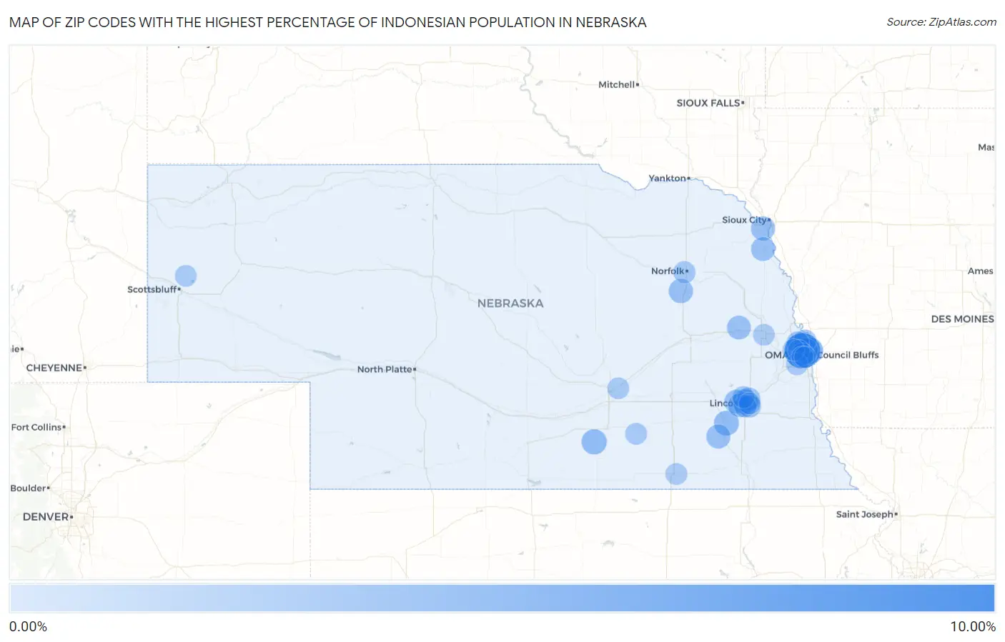 Zip Codes with the Highest Percentage of Indonesian Population in Nebraska Map
