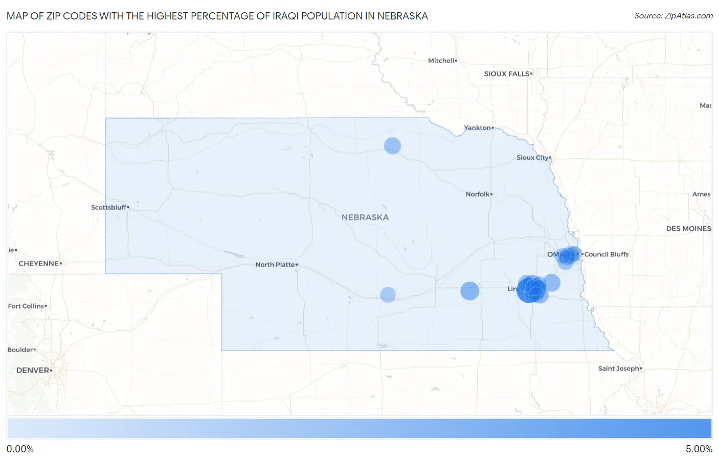 Zip Codes with the Highest Percentage of Iraqi Population in Nebraska Map