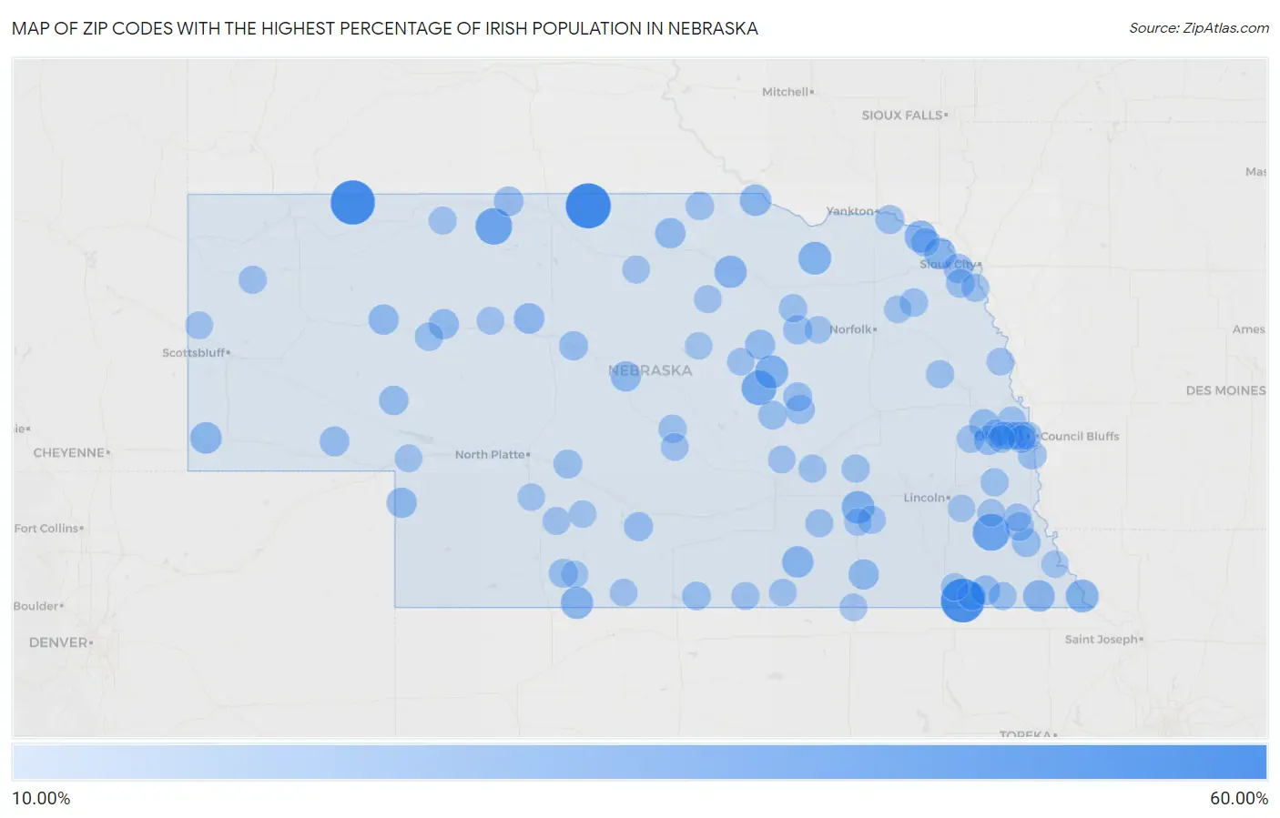 Zip Codes with the Highest Percentage of Irish Population in Nebraska Map