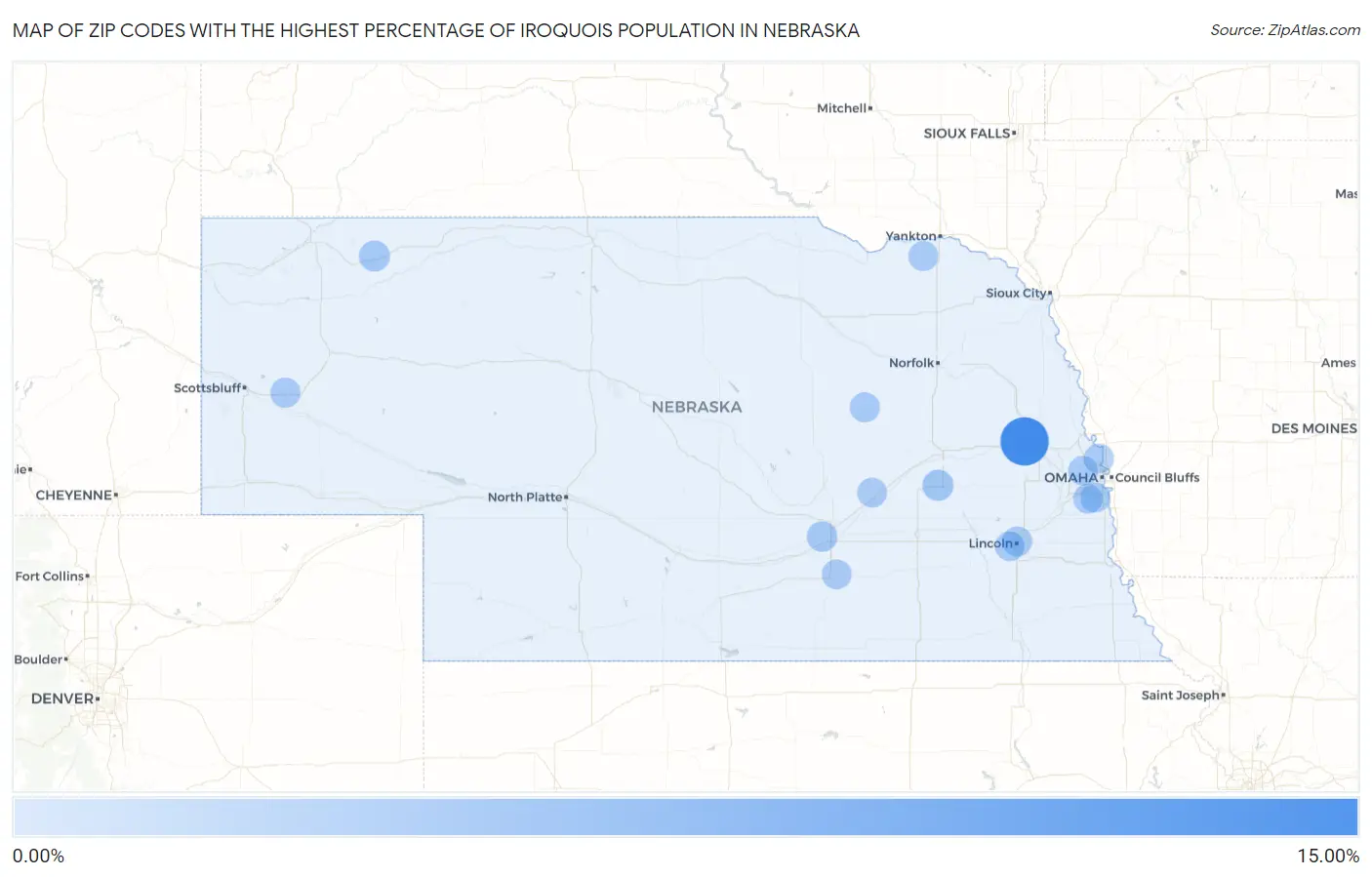 Zip Codes with the Highest Percentage of Iroquois Population in Nebraska Map
