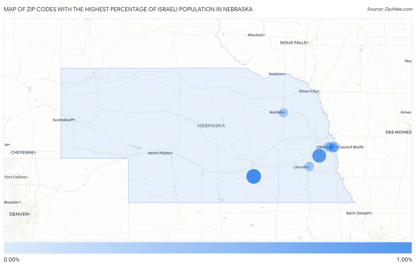 Zip Codes with the Highest Percentage of Israeli Population in Nebraska Map
