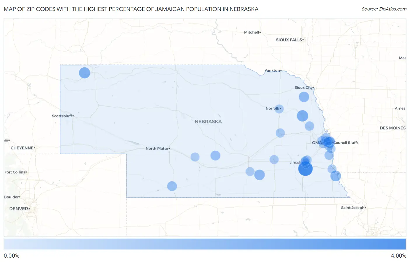 Zip Codes with the Highest Percentage of Jamaican Population in Nebraska Map
