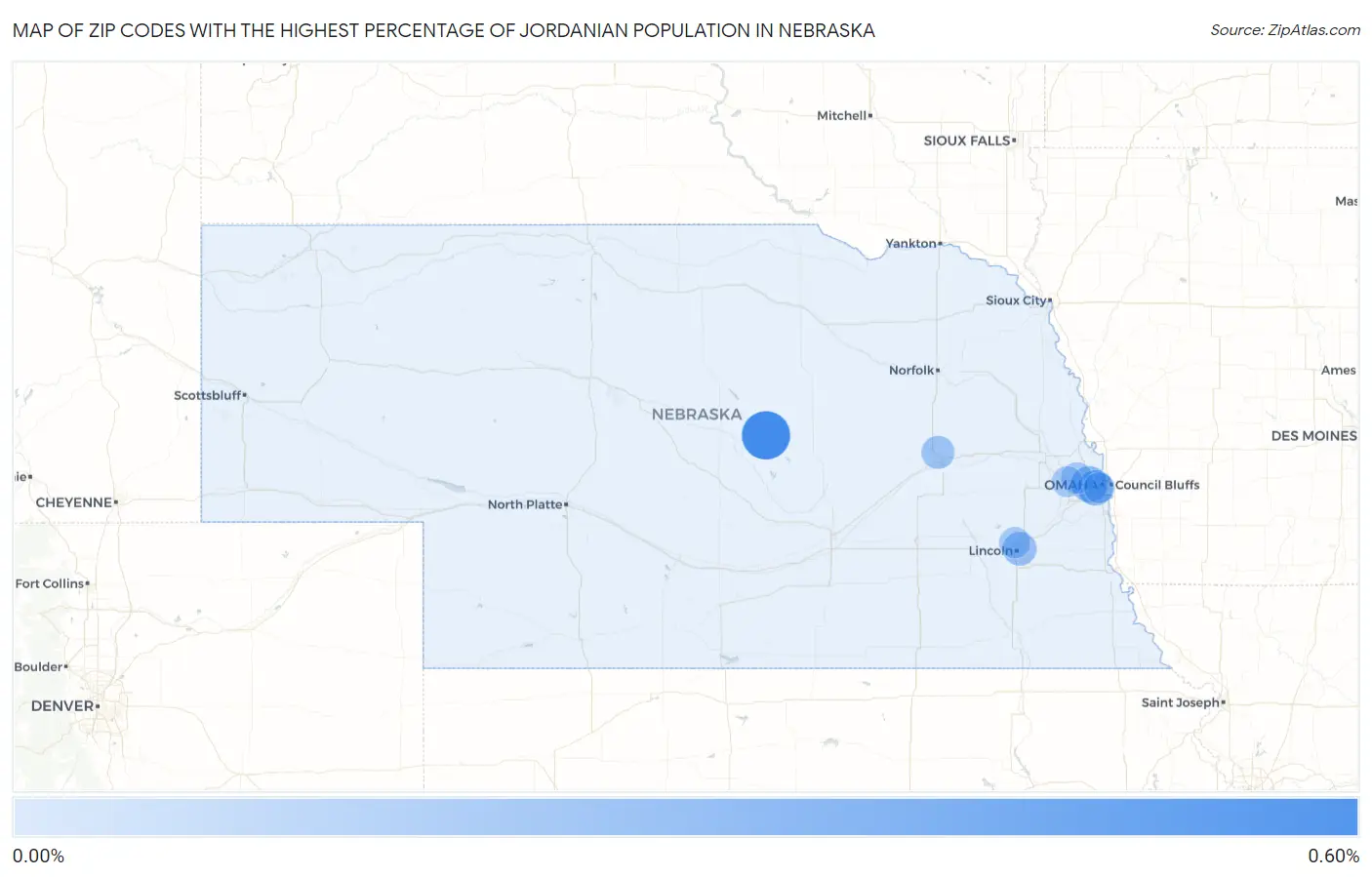 Zip Codes with the Highest Percentage of Jordanian Population in Nebraska Map