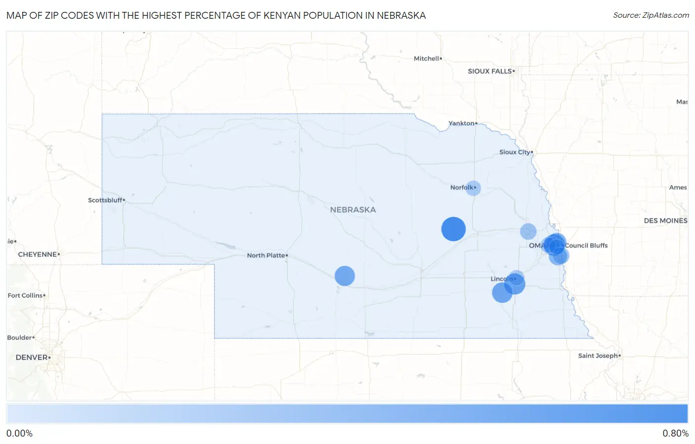 Zip Codes with the Highest Percentage of Kenyan Population in Nebraska Map