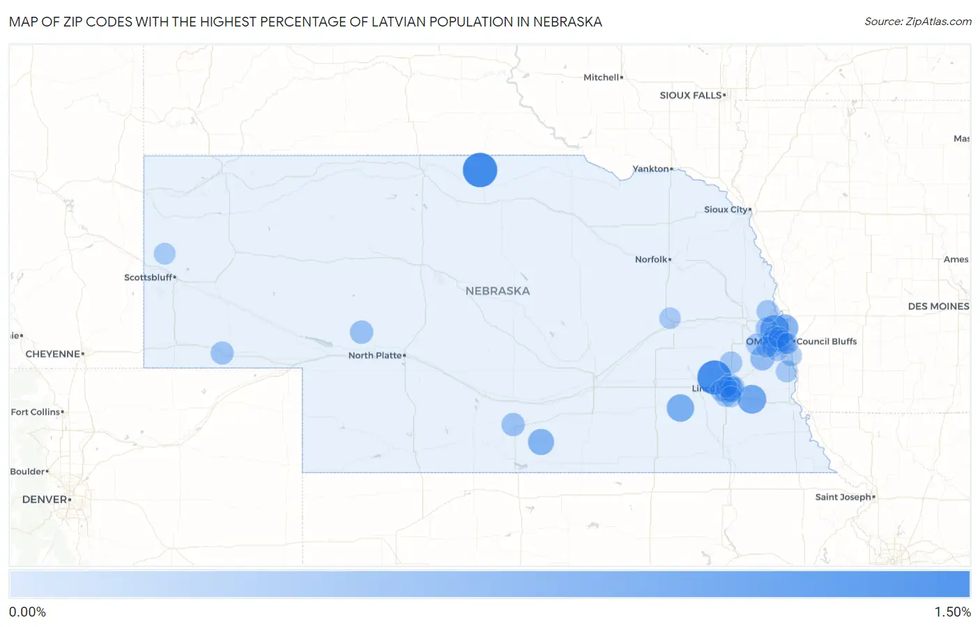 Zip Codes with the Highest Percentage of Latvian Population in Nebraska Map