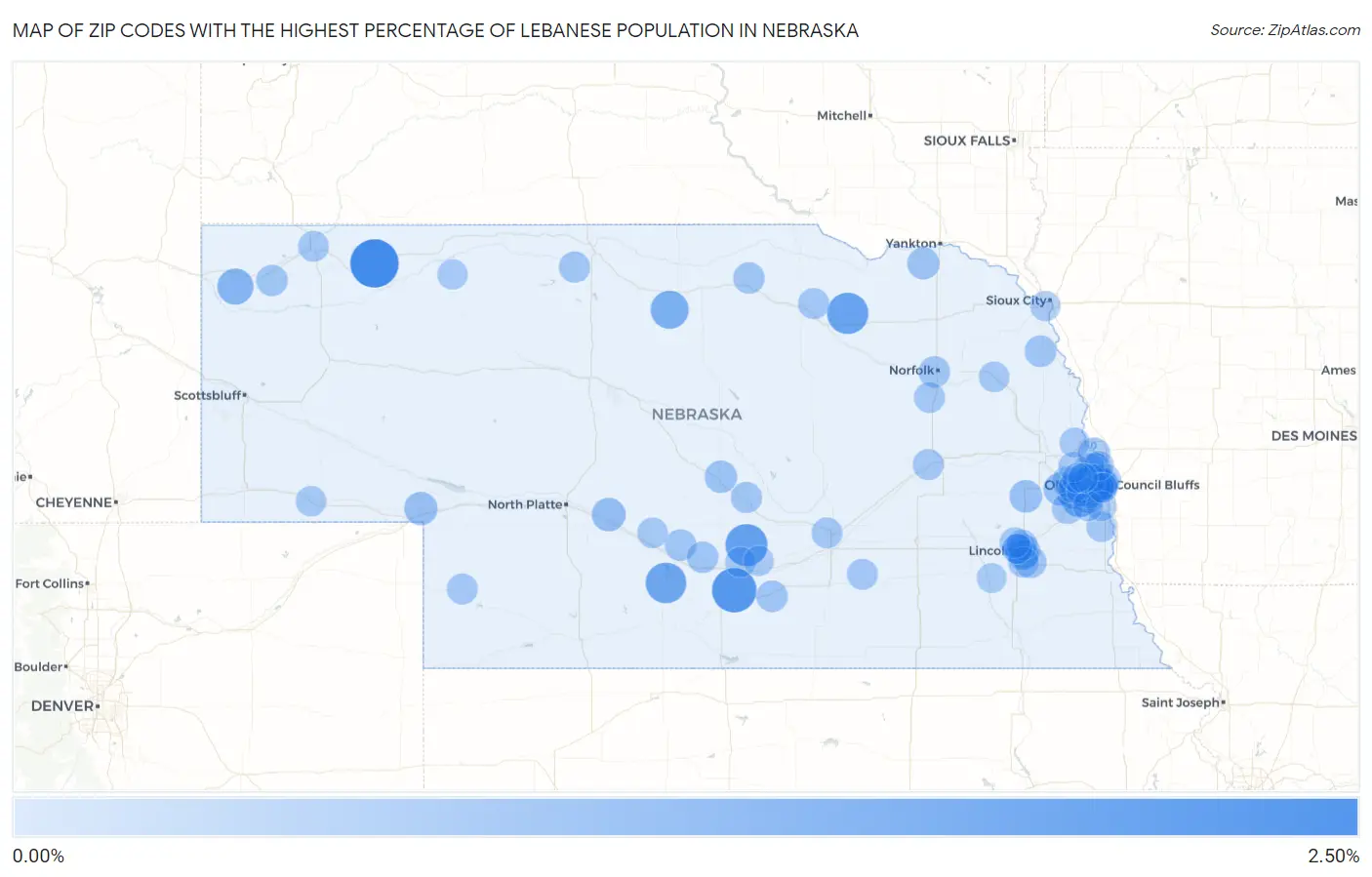 Zip Codes with the Highest Percentage of Lebanese Population in Nebraska Map