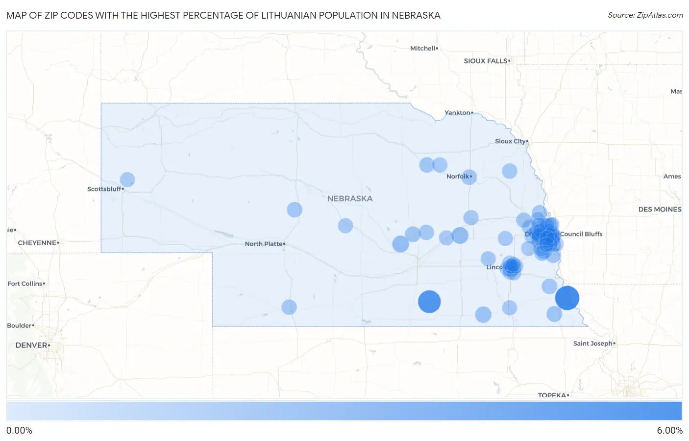 Zip Codes with the Highest Percentage of Lithuanian Population in Nebraska Map