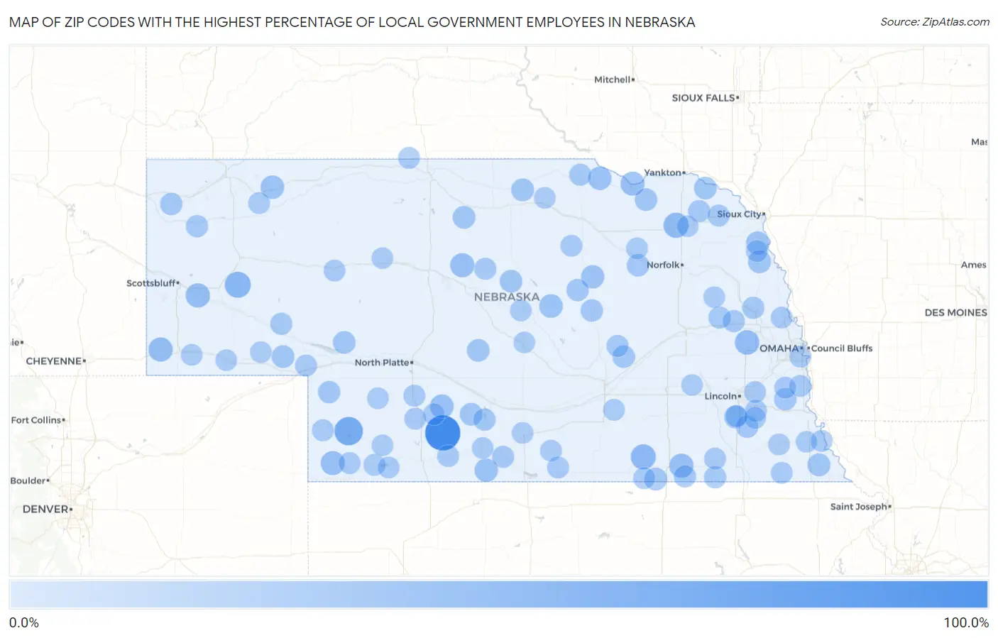 Zip Codes with the Highest Percentage of Local Government Employees in Nebraska Map