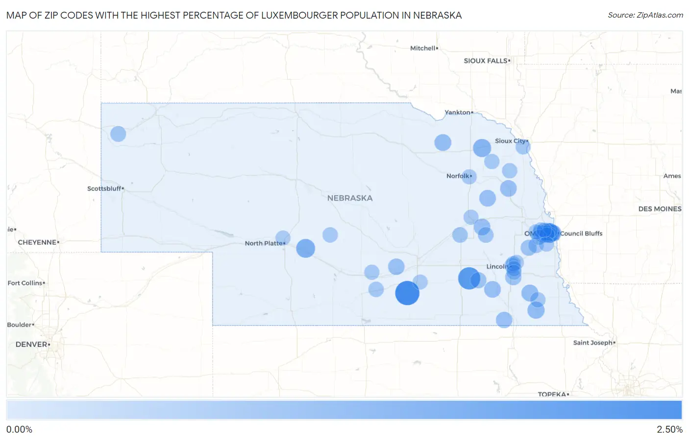 Zip Codes with the Highest Percentage of Luxembourger Population in Nebraska Map
