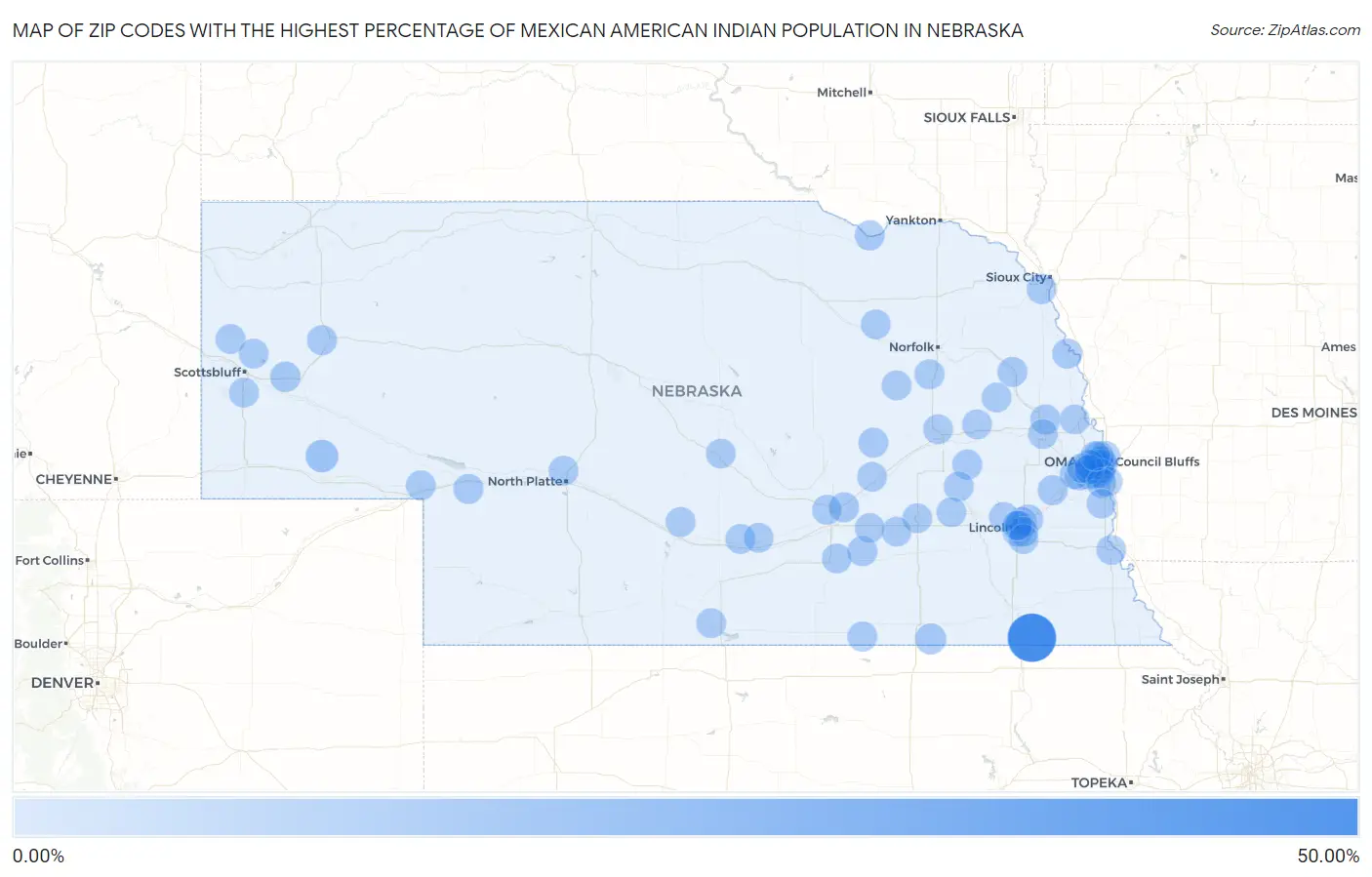 Zip Codes with the Highest Percentage of Mexican American Indian Population in Nebraska Map