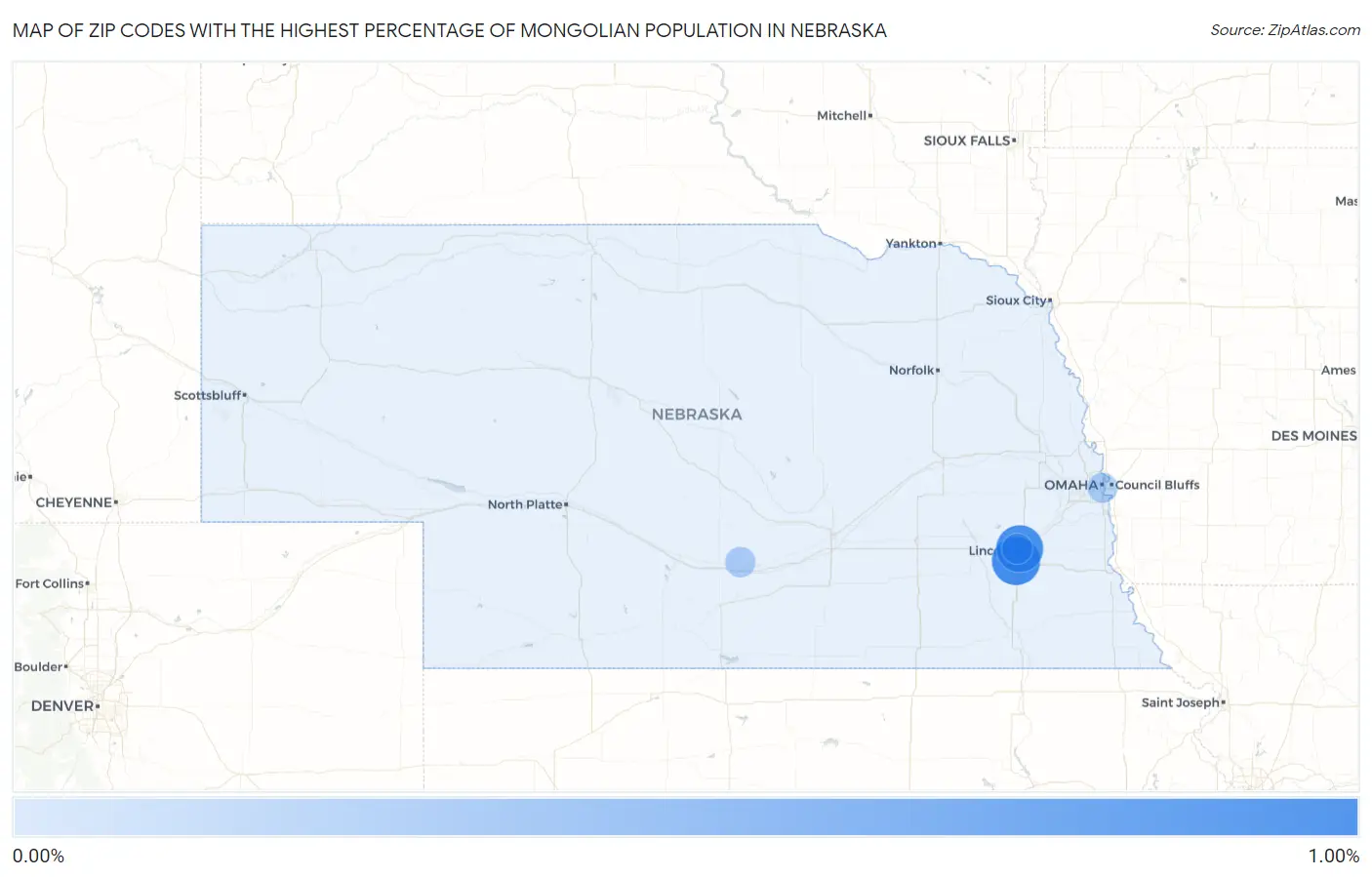 Zip Codes with the Highest Percentage of Mongolian Population in Nebraska Map