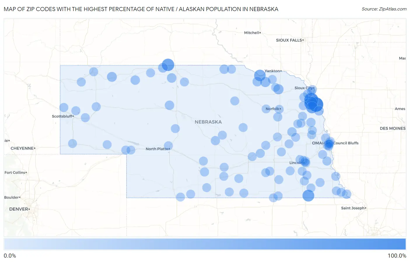 Zip Codes with the Highest Percentage of Native / Alaskan Population in Nebraska Map