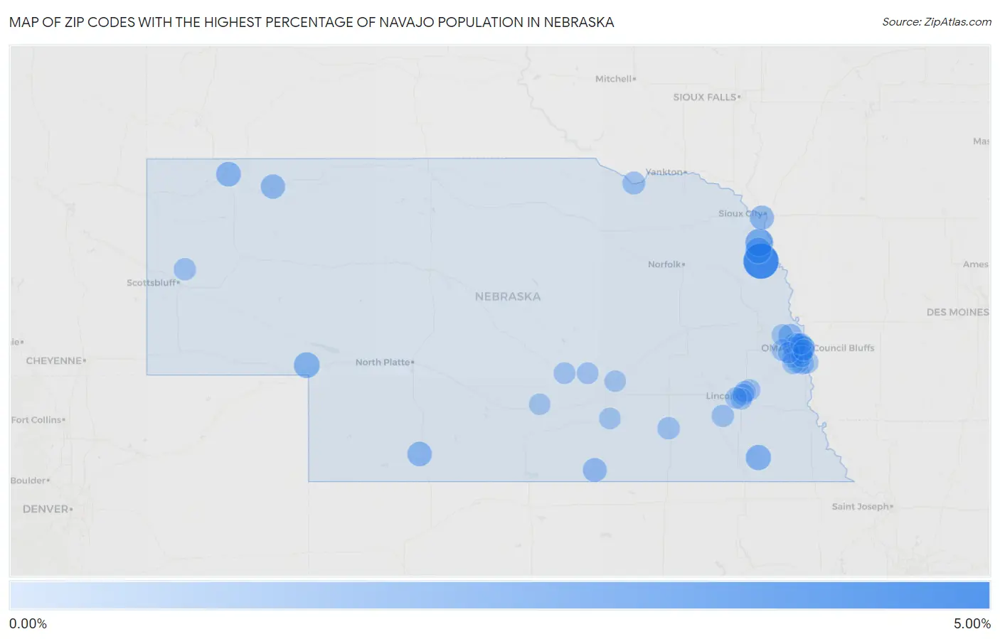 Zip Codes with the Highest Percentage of Navajo Population in Nebraska Map