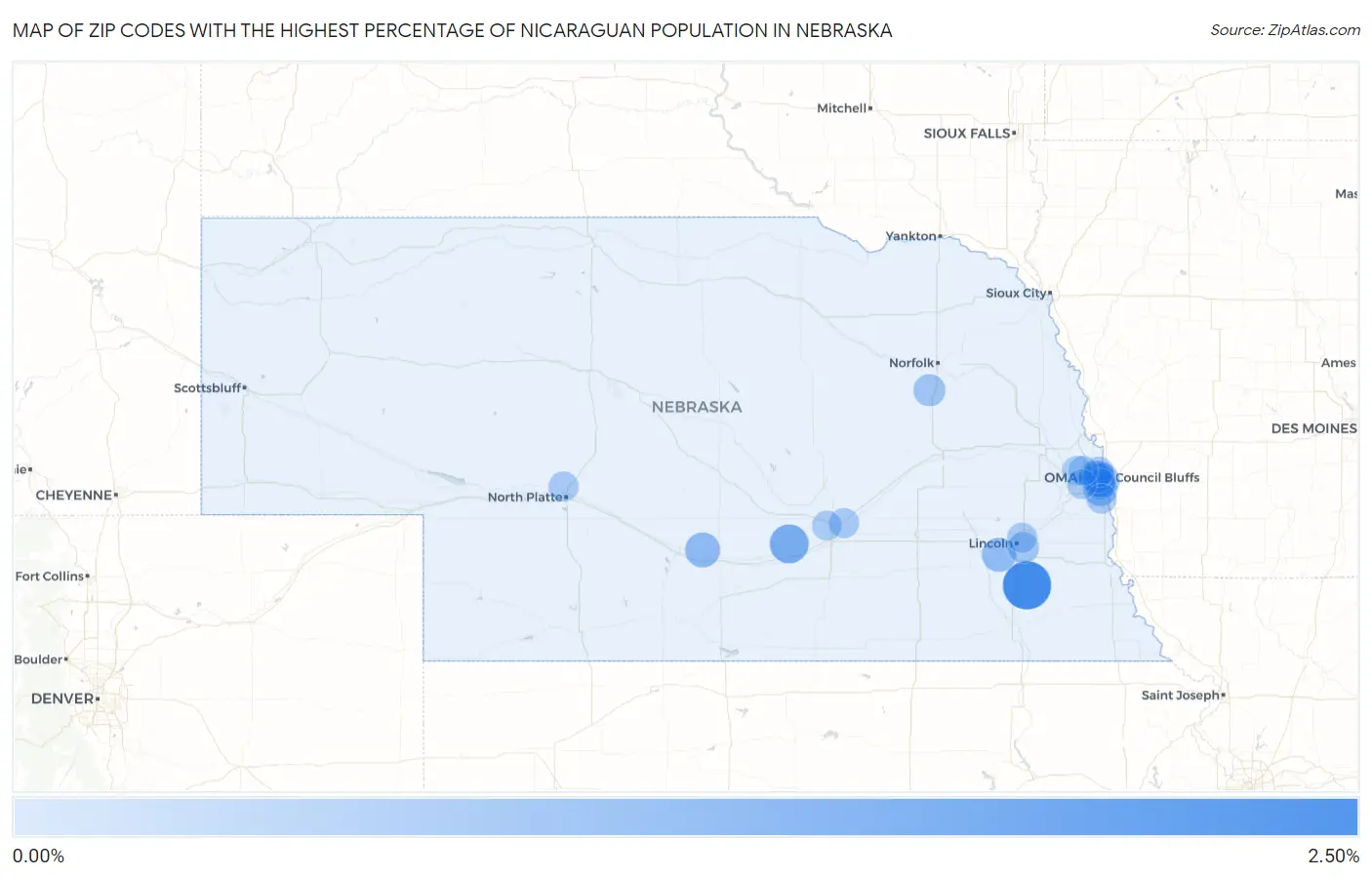 Zip Codes with the Highest Percentage of Nicaraguan Population in Nebraska Map