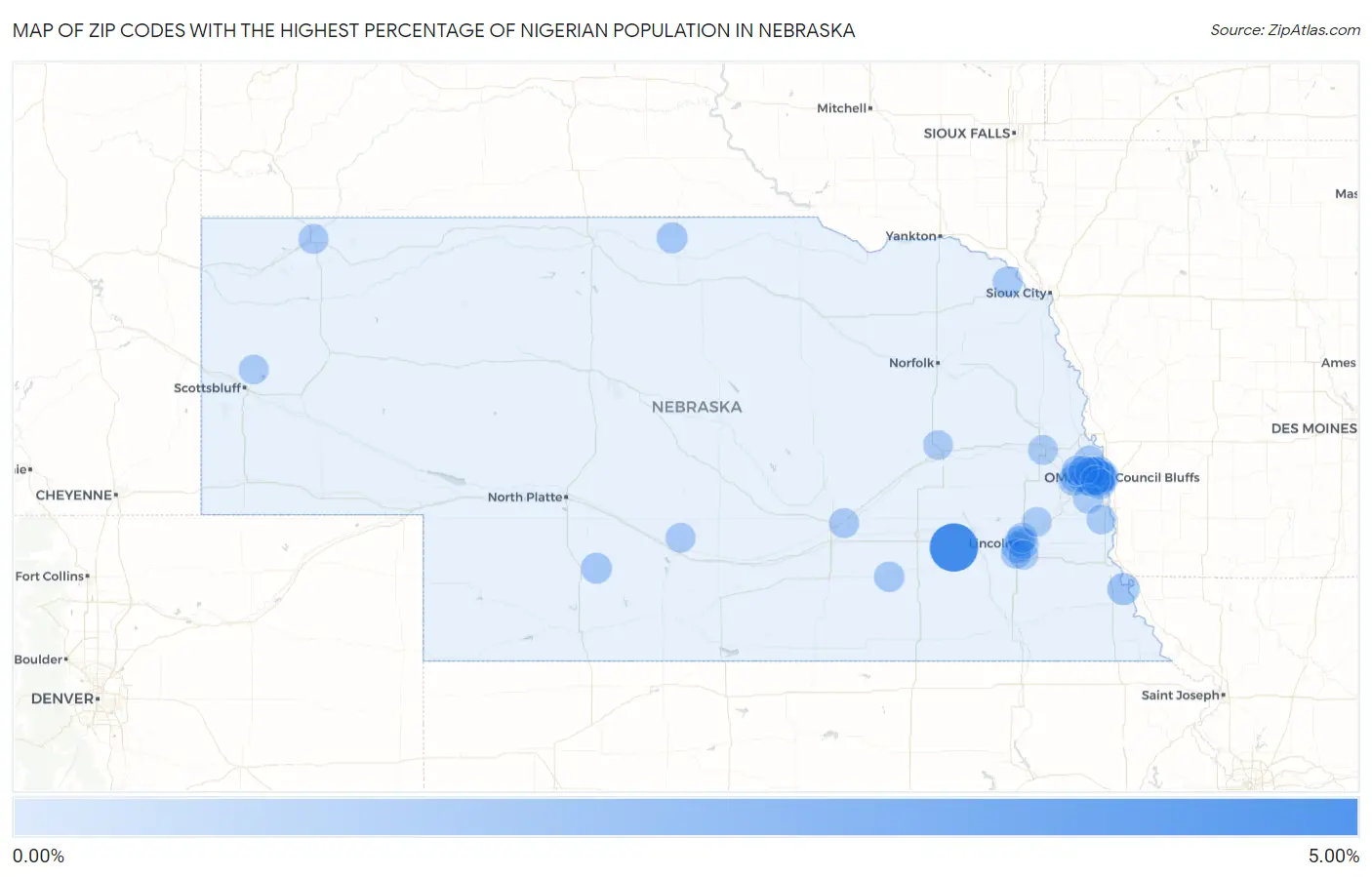 Zip Codes with the Highest Percentage of Nigerian Population in Nebraska Map