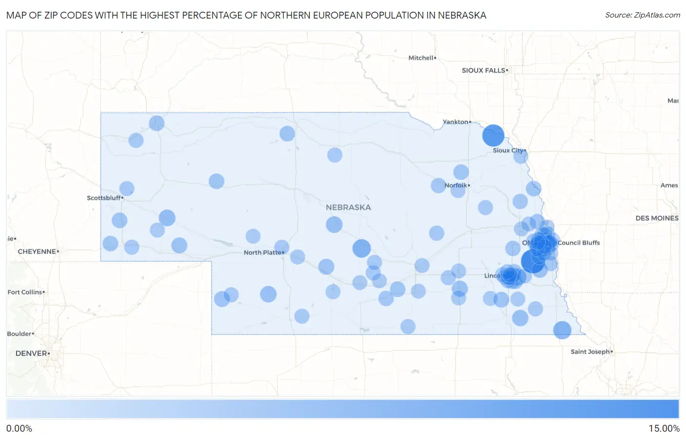 Zip Codes with the Highest Percentage of Northern European Population in Nebraska Map
