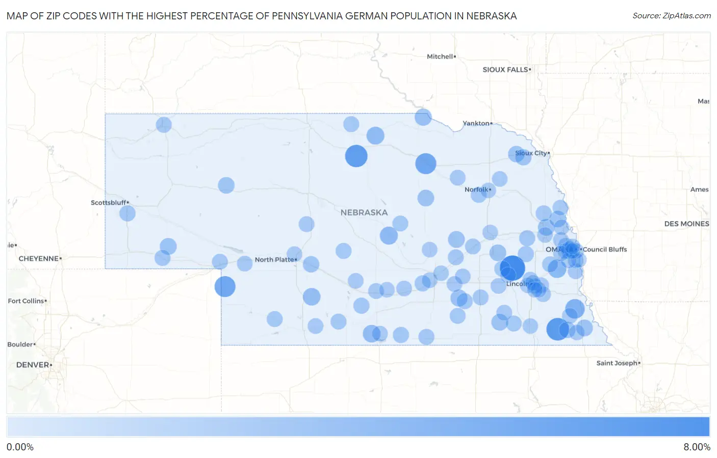 Zip Codes with the Highest Percentage of Pennsylvania German Population in Nebraska Map