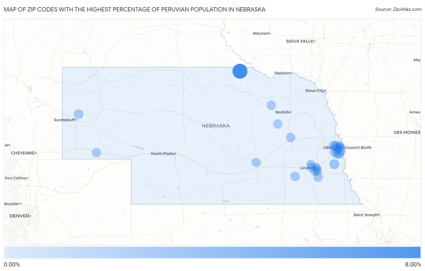 Zip Codes with the Highest Percentage of Peruvian Population in Nebraska Map