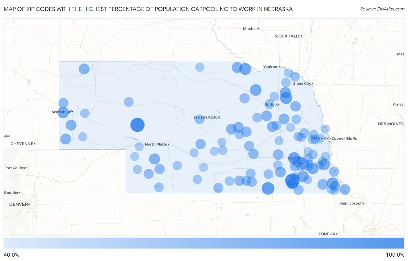 Zip Codes with the Highest Percentage of Population Carpooling to Work in Nebraska Map