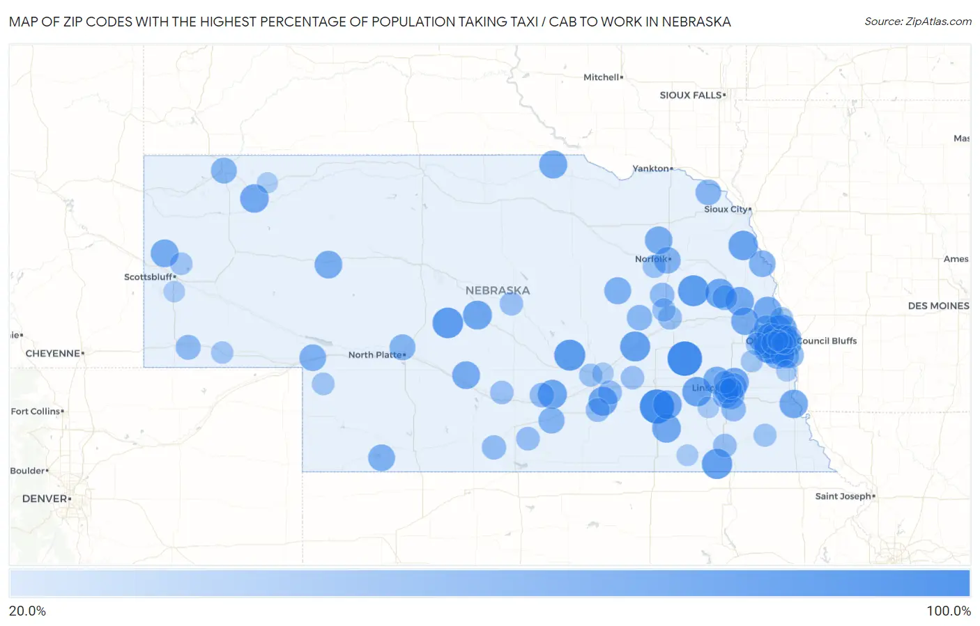 Zip Codes with the Highest Percentage of Population Taking Taxi / Cab to Work in Nebraska Map