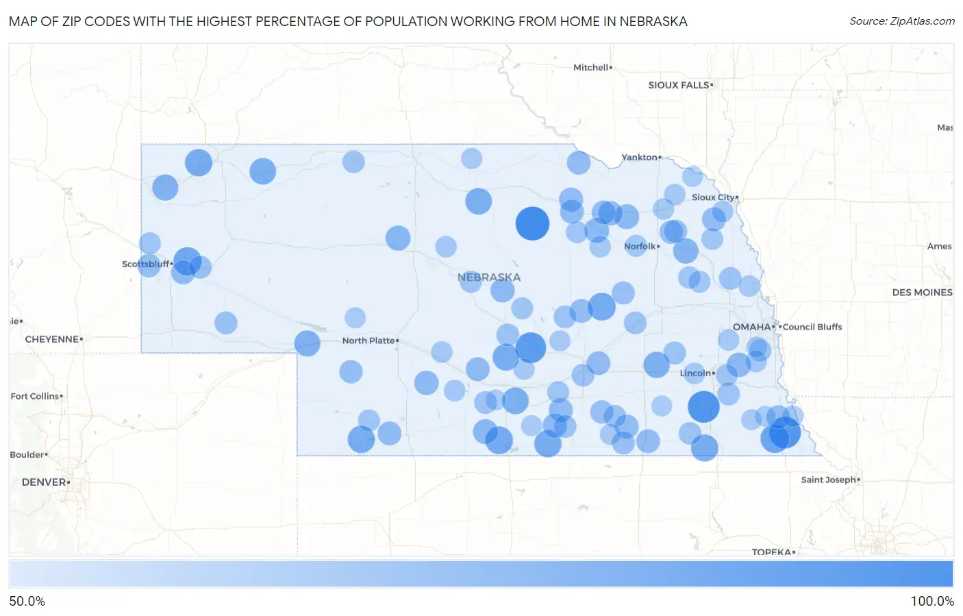 Zip Codes with the Highest Percentage of Population Working from Home in Nebraska Map