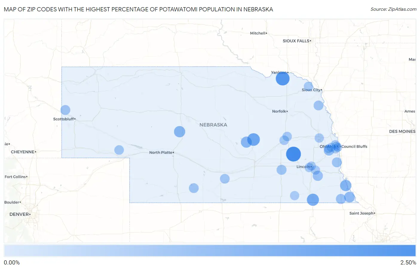 Zip Codes with the Highest Percentage of Potawatomi Population in Nebraska Map