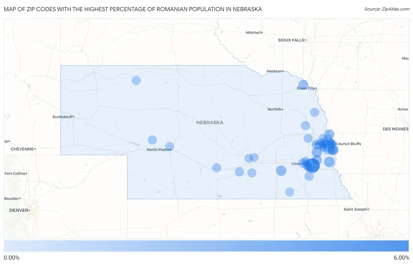Zip Codes with the Highest Percentage of Romanian Population in Nebraska Map