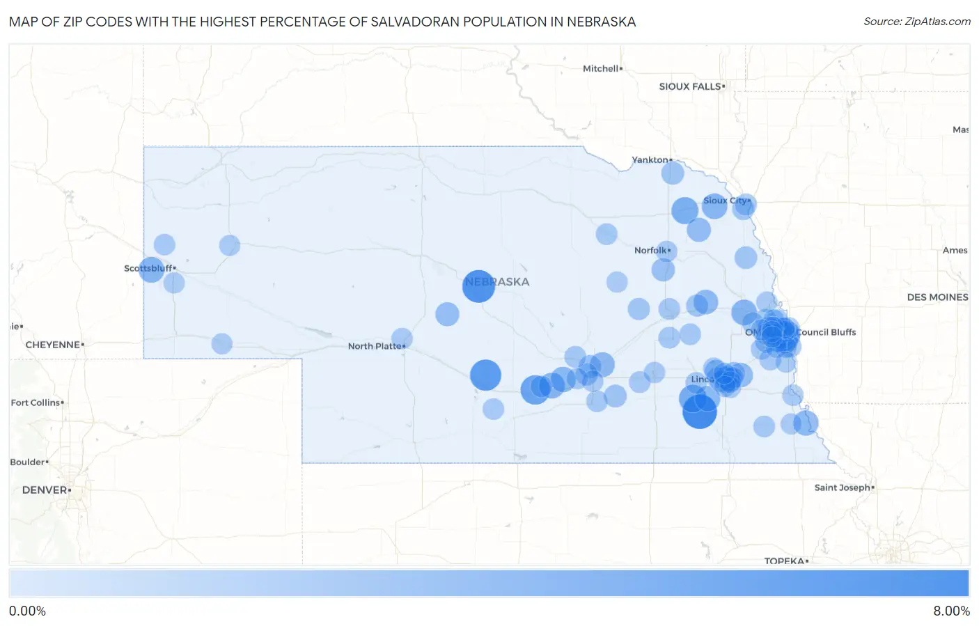 Zip Codes with the Highest Percentage of Salvadoran Population in Nebraska Map