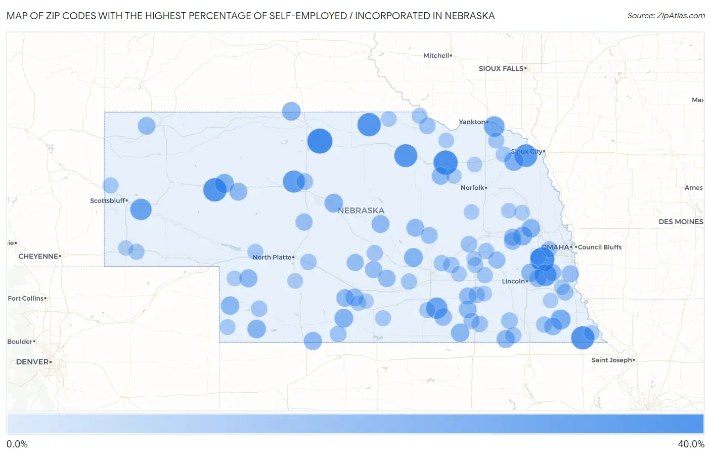 Zip Codes with the Highest Percentage of Self-Employed / Incorporated in Nebraska Map