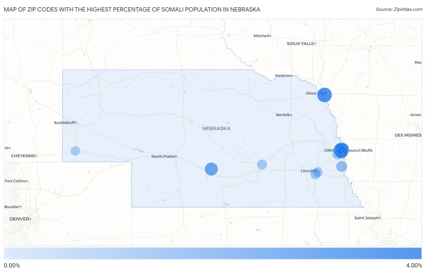 Zip Codes with the Highest Percentage of Somali Population in Nebraska Map