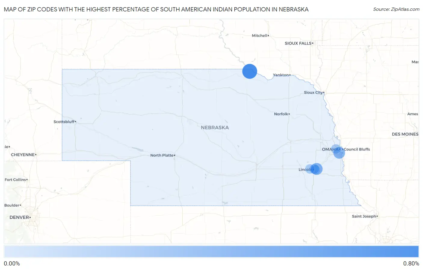 Zip Codes with the Highest Percentage of South American Indian Population in Nebraska Map
