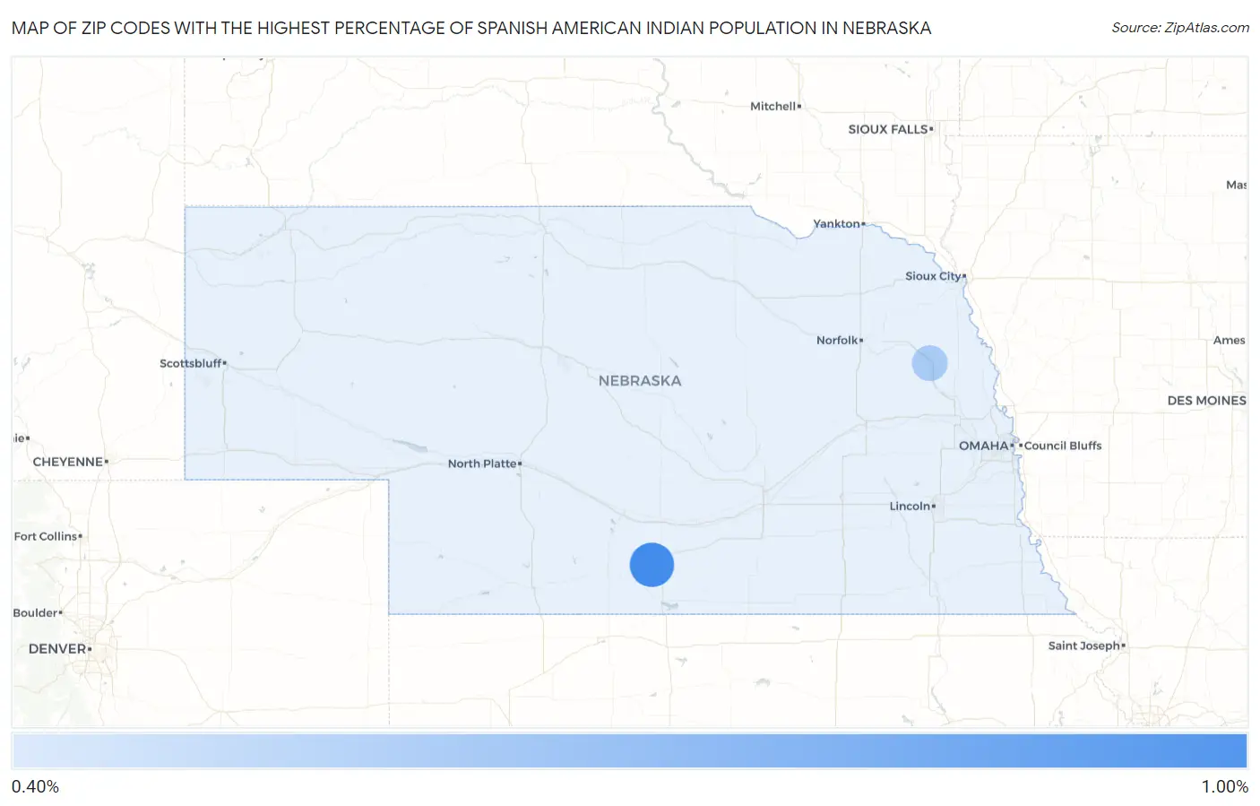 Zip Codes with the Highest Percentage of Spanish American Indian Population in Nebraska Map
