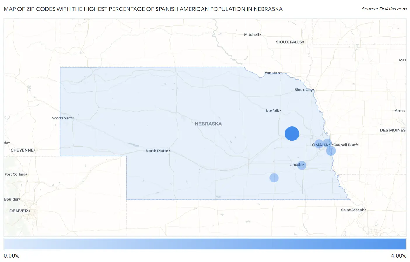Zip Codes with the Highest Percentage of Spanish American Population in Nebraska Map