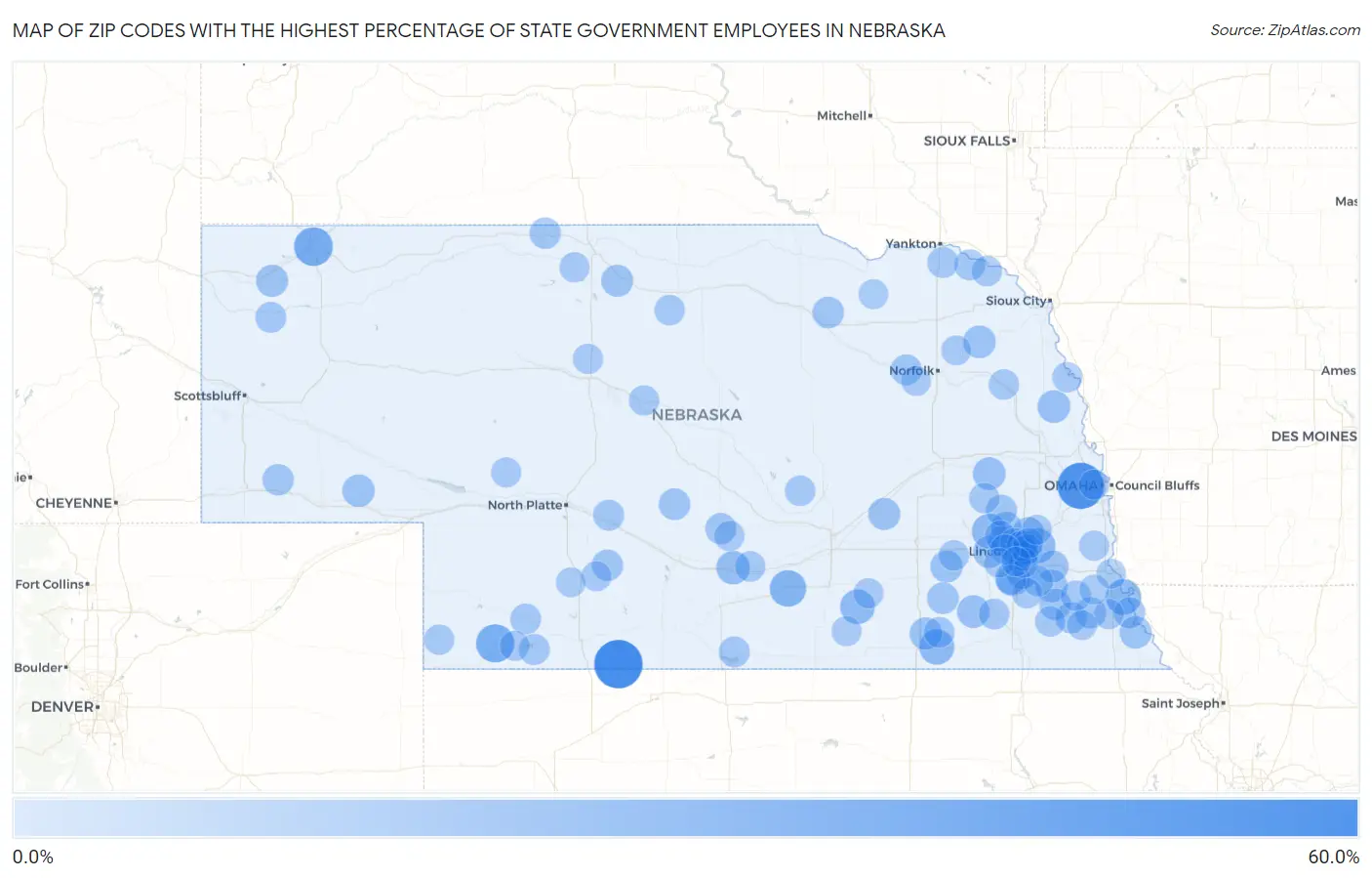 Zip Codes with the Highest Percentage of State Government Employees in Nebraska Map
