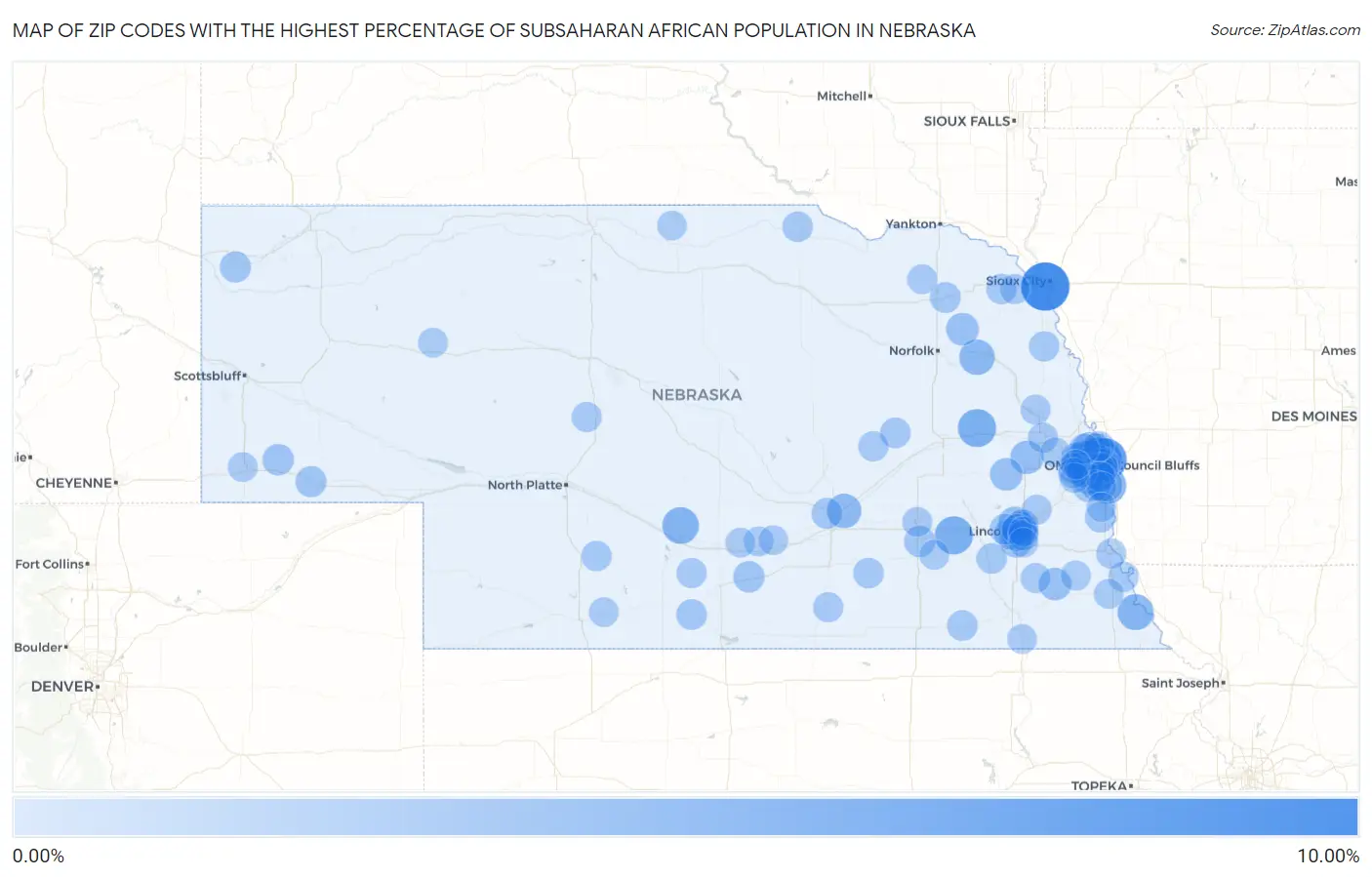 Zip Codes with the Highest Percentage of Subsaharan African Population in Nebraska Map