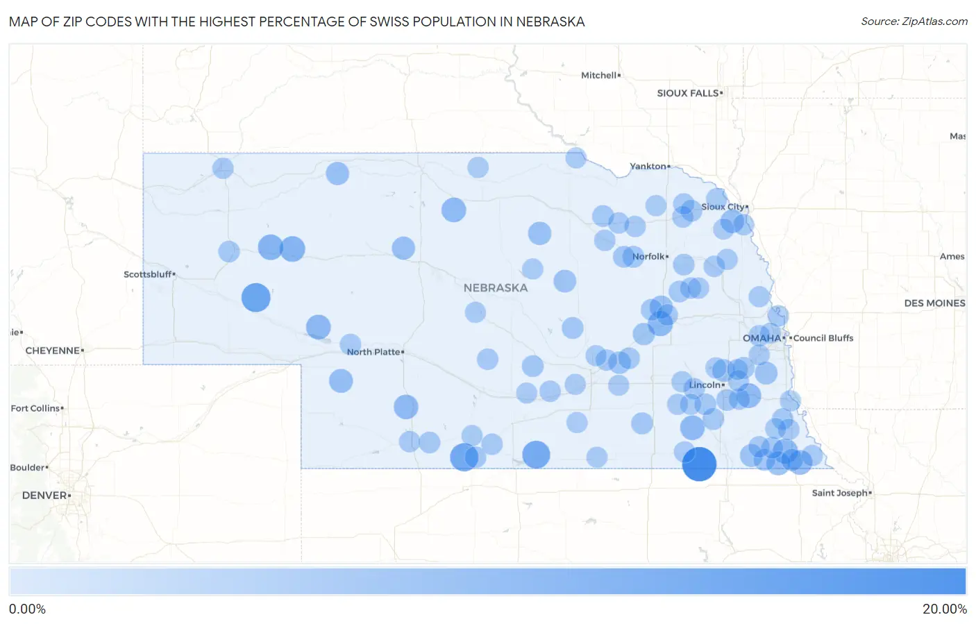 Zip Codes with the Highest Percentage of Swiss Population in Nebraska Map