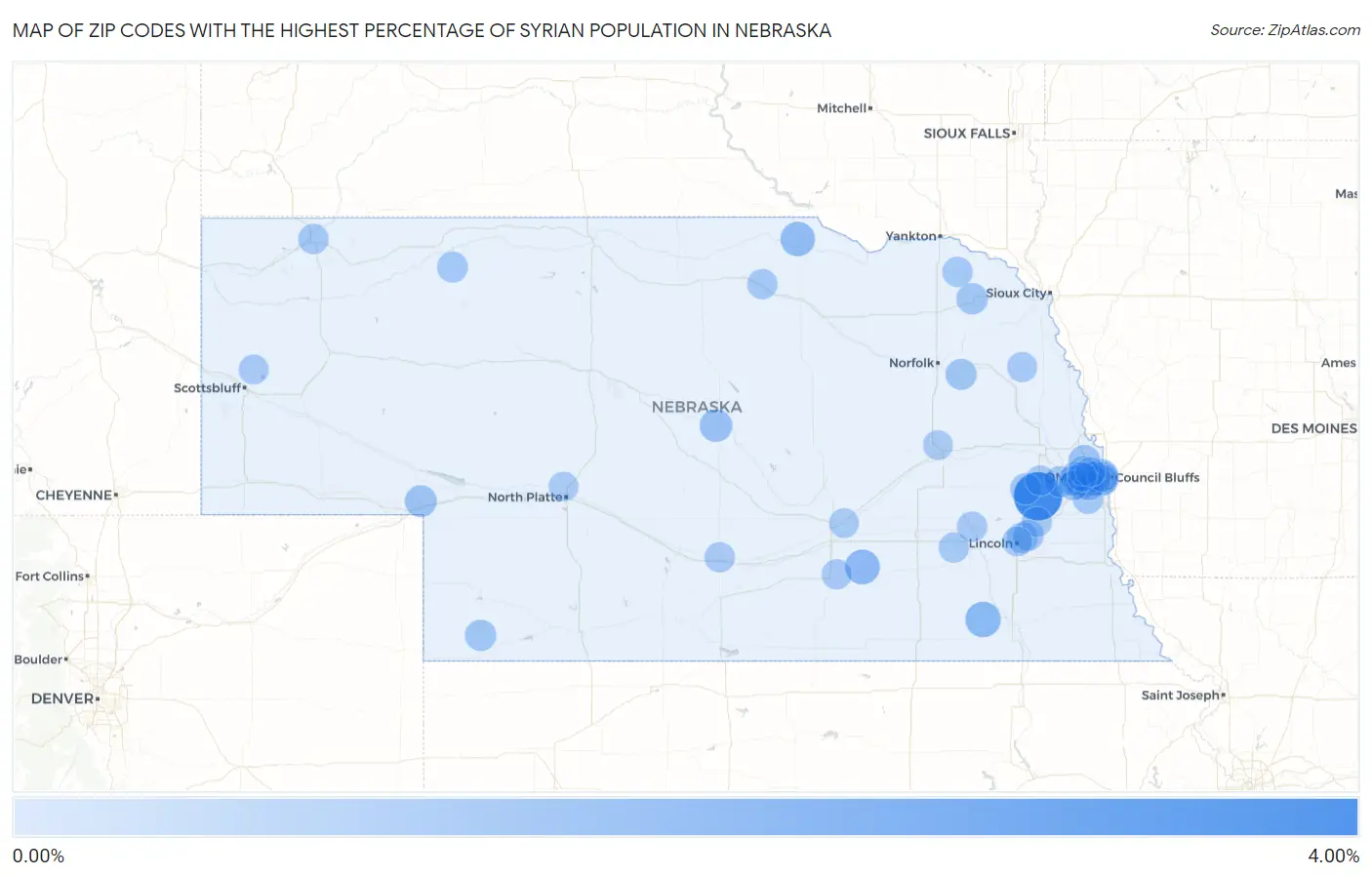 Zip Codes with the Highest Percentage of Syrian Population in Nebraska Map