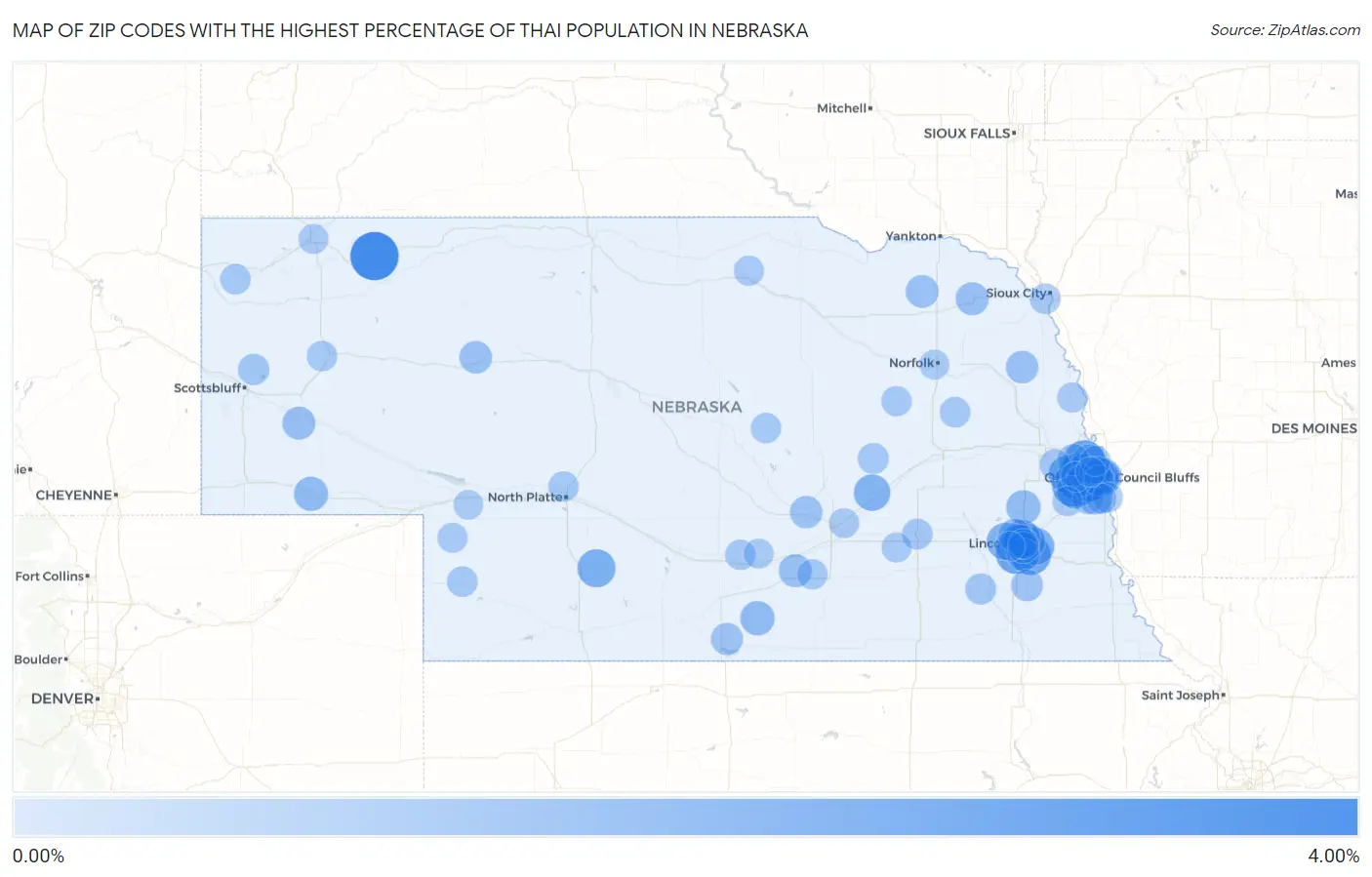 Zip Codes with the Highest Percentage of Thai Population in Nebraska Map
