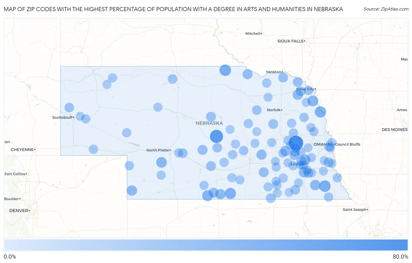 Zip Codes with the Highest Percentage of Population with a Degree in Arts and Humanities in Nebraska Map