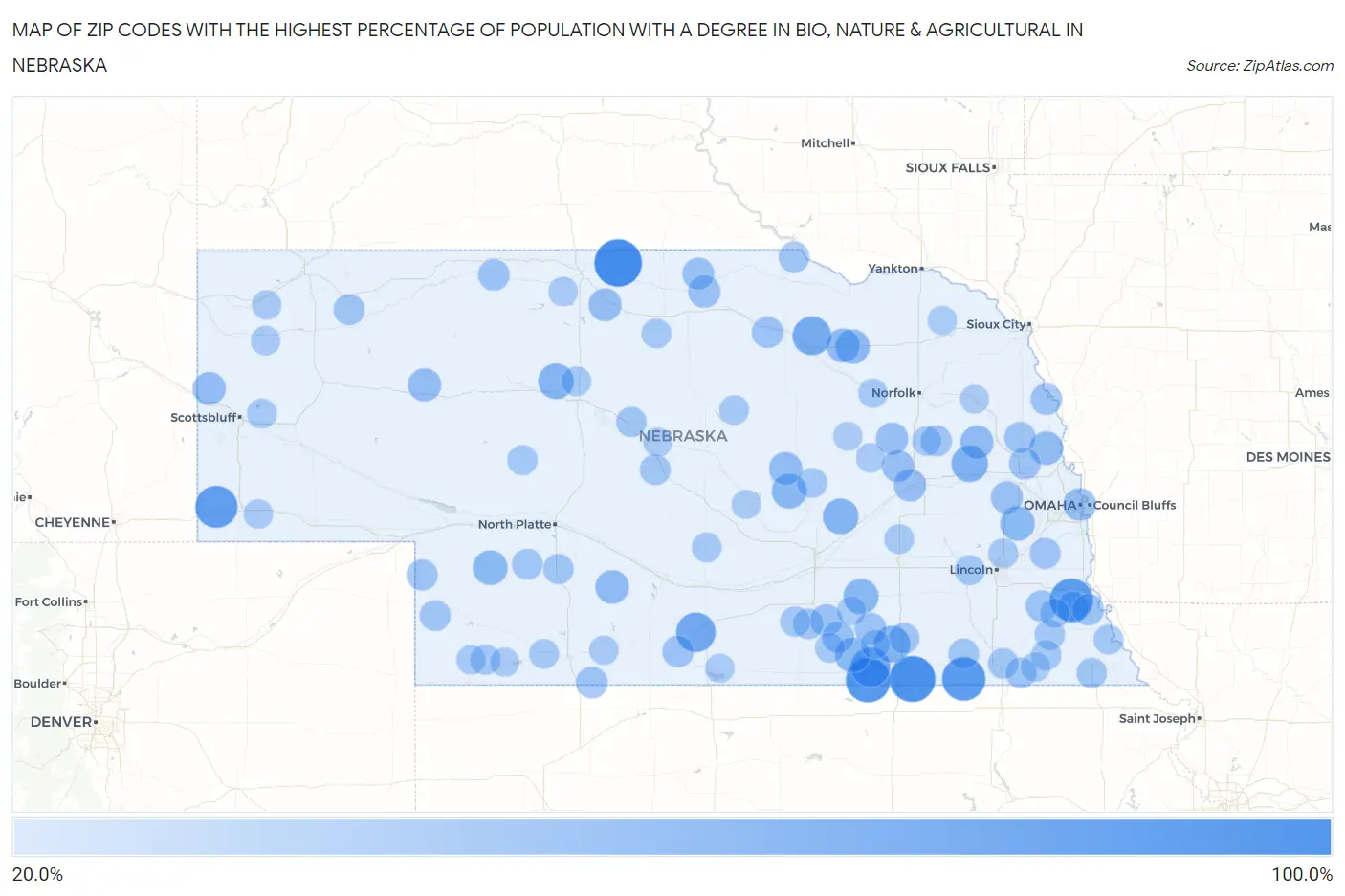 Zip Codes with the Highest Percentage of Population with a Degree in Bio, Nature & Agricultural in Nebraska Map